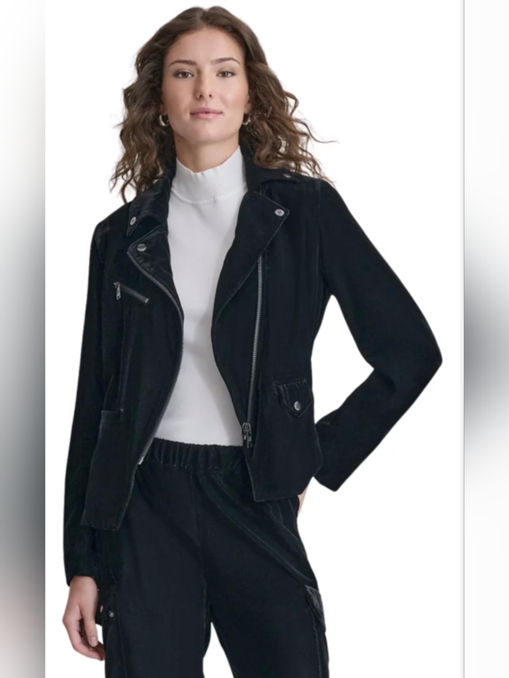Kenneth Cole Black Velvet Moto Jacket Zip Front